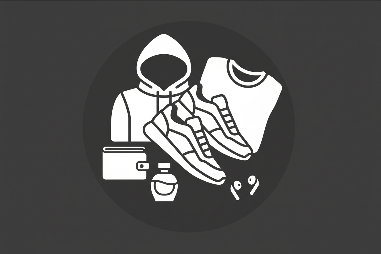 all together bundle shoes clothes electronic-airpods wallet perfume and shoes black and white icon with black backround 