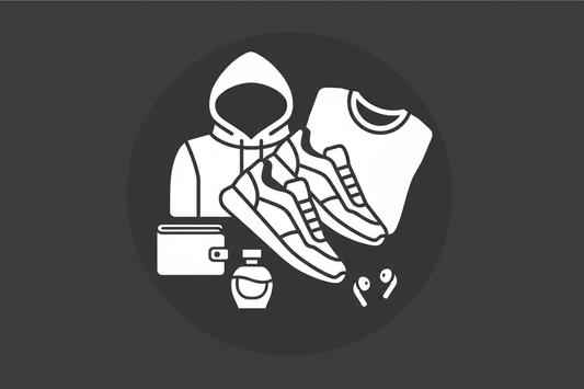 all together bundle shoes clothes electronic-airpods wallet perfume and shoes black and white icon with black backround 